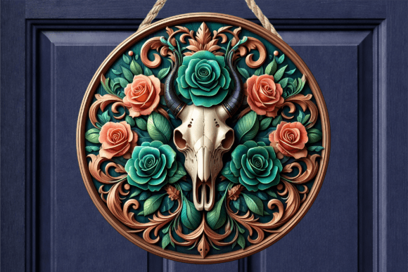 Floral Bull Skull Teal Rose Door Sign Review